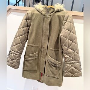 Joie Olive Quilted Utility Jacket with Faux Fur Hood
